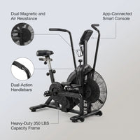 Dual Resistance Air Bike, Magnetic & Air Fan Bike with APP Connection, ISCC plus Certified Wind Bikes, Dual-Action Handlebars for Home Gym HIIT Cardio Full Body Workout (350LBS Capacity) — infographic