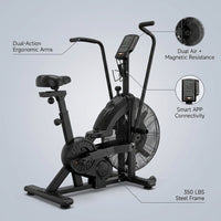 Dual Resistance Air Bike, Magnetic & Air Fan Bike with APP Connection, ISCC plus Certified, Dual-Action Handlebars for Home Gym HIIT Cardio Full Body Workout (350LBS Capacity) (Carbon Black) — infographic