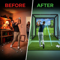 Golf Simulator Enclosure for Home Garage Indoor Sim Practice with Screen | 10 X 8 X 5 Ft with HD Impact Screen Two Shank Nets Corner Foam Padding (Projector Launch Monitor & Hitting Mat Not Included) — Before & After