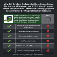 Golf Simulator Enclosure for Home Garage Indoor Sim Practice with Screen | 10 X 8 X 5 Ft with HD Impact Screen Two Shank Nets Corner Foam Padding (Projector Launch Monitor & Hitting Mat Not Included) — Comparison