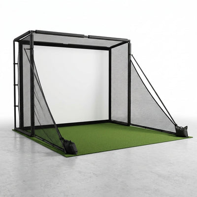 Golf Simulator Enclosure Built for Home Practice, 10x8x5 Ft Steel Frame, HD Impact Screen, Corner Padding
