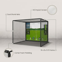 Golf Simulator Enclosure for Home Garage Indoor Sim Practice with Screen | 10 X 8 X 5 Ft with HD Impact Screen Two Shank Nets Corner Foam Padding (Projector Launch Monitor & Hitting Mat Not Included) — infographic